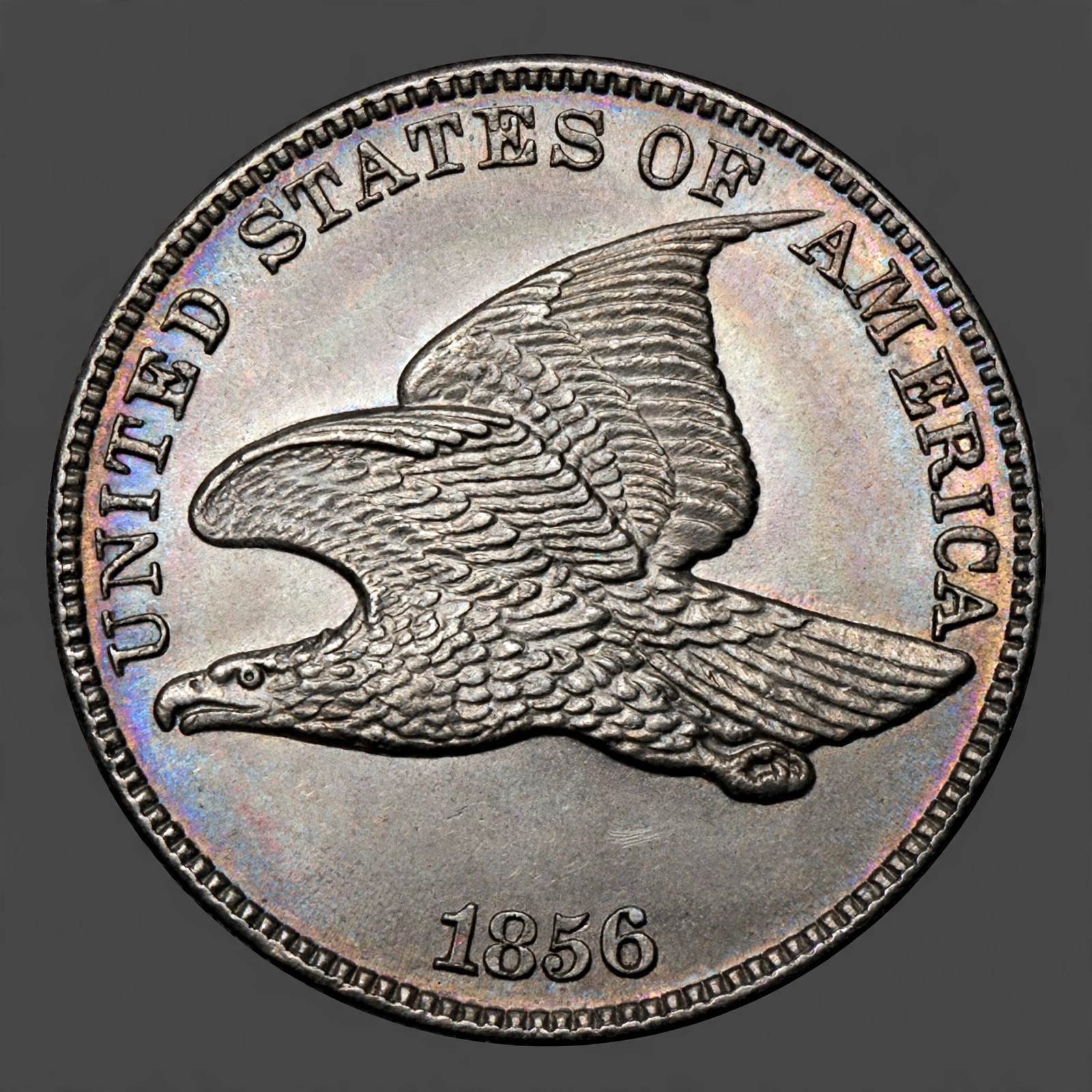 Illustration of an 1856 Flying Eagle Cent: eagle in flight on the obverse; wreath with ONE CENT on the reverse.