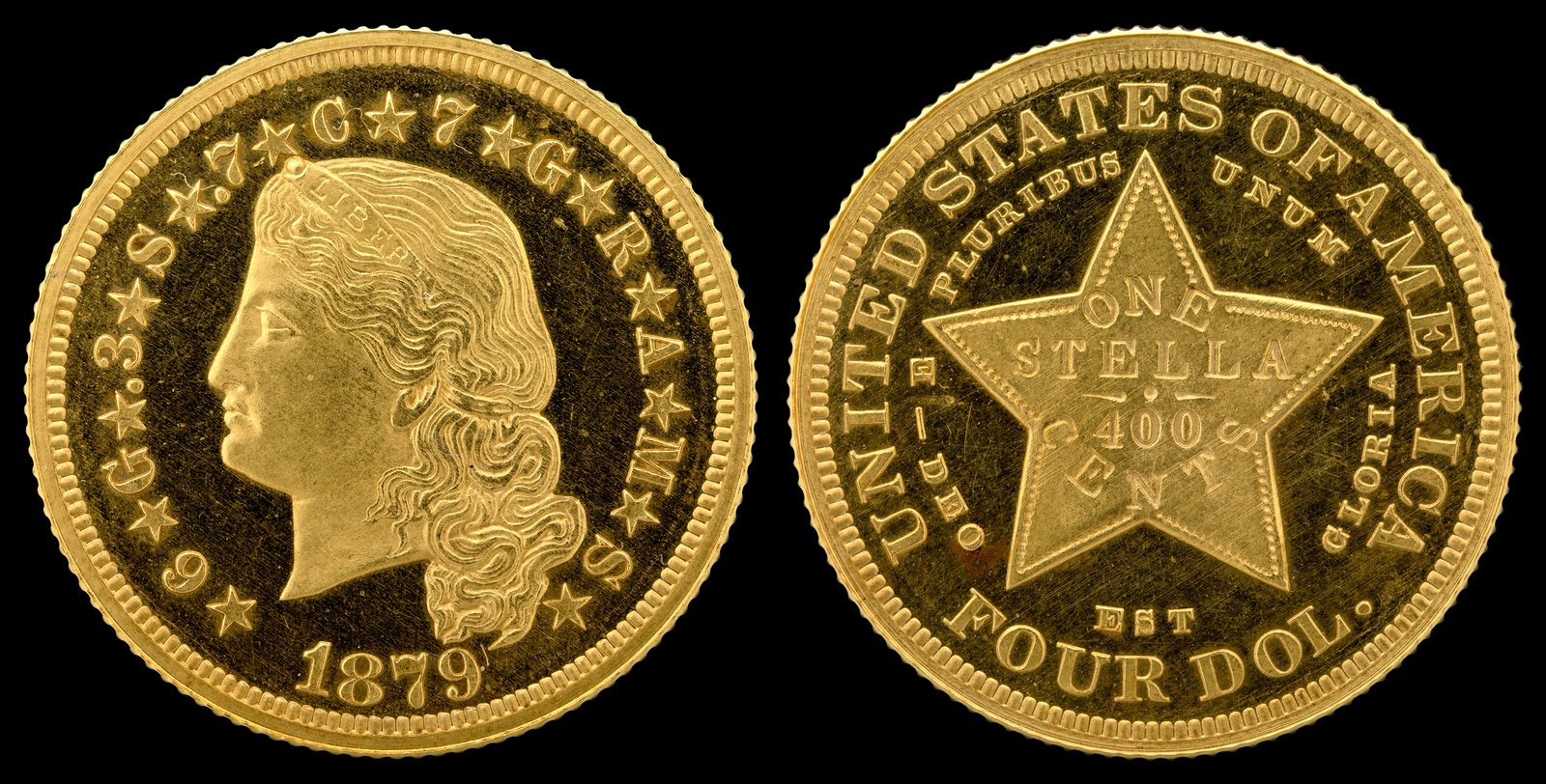 Obverse of a genuine 1879 Flowing Hair Stella $4 gold pattern, showing Liberty's flowing hair portrait, photographed by the Smithsonian's National Numismatic Collection