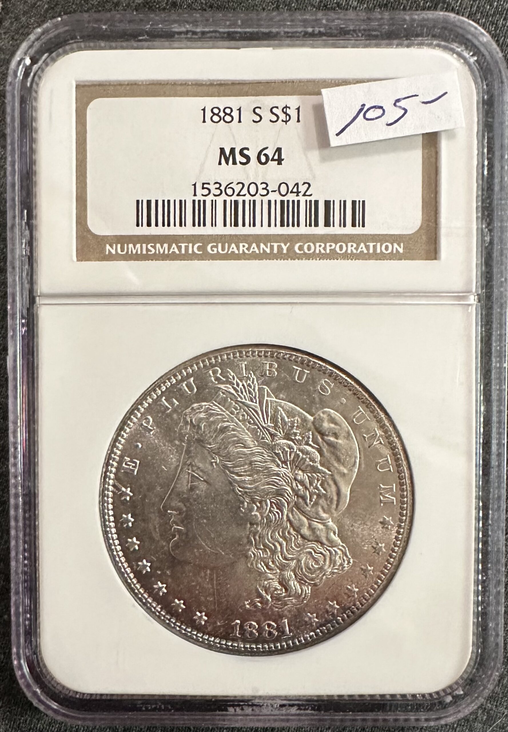 An 1881-S Morgan dollar graded MS 64 by NGC, an example of a certified Mint State coin; representative type photo.