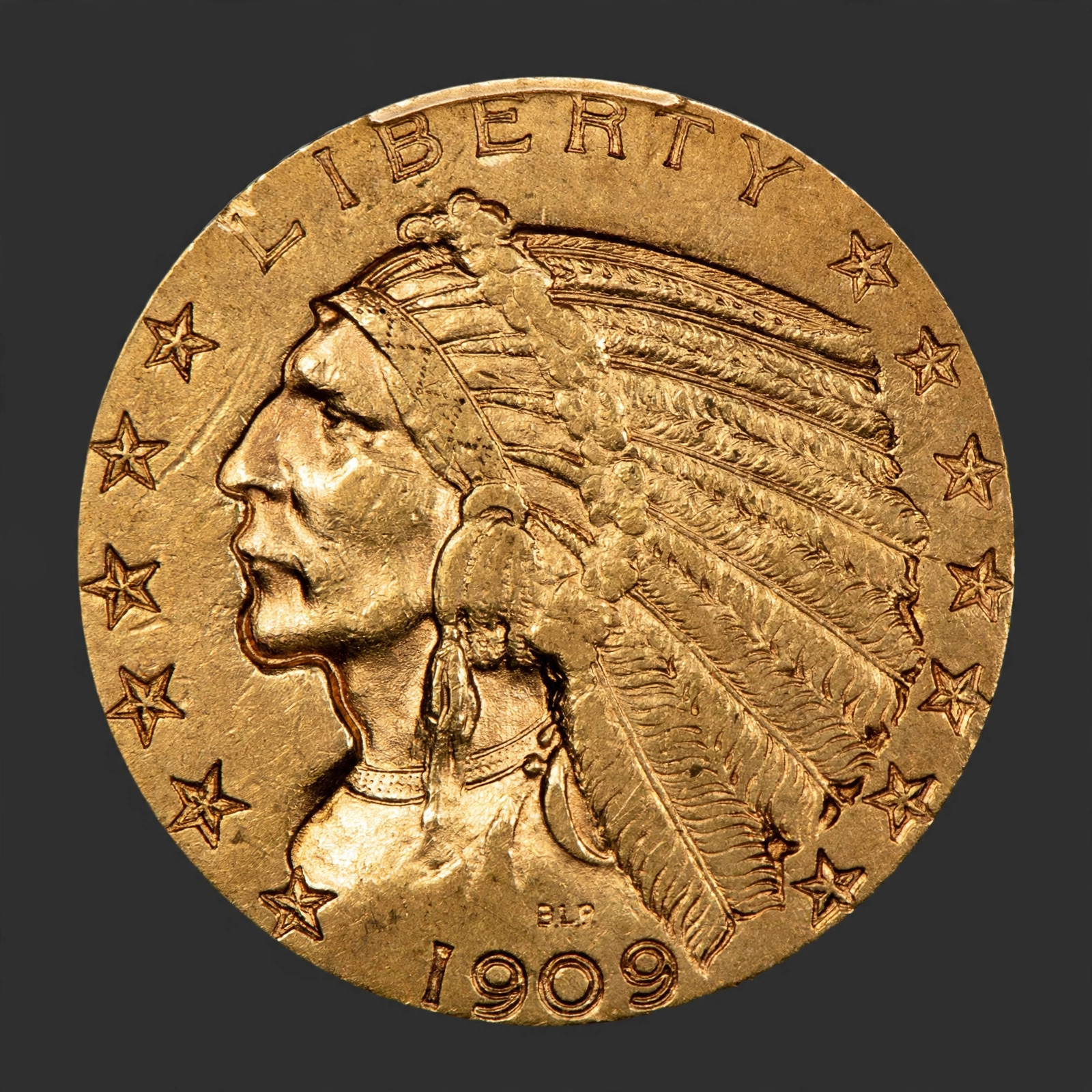 AI-generated illustration of the 1909-O Indian Half Eagle, obverse and reverse, for identification only