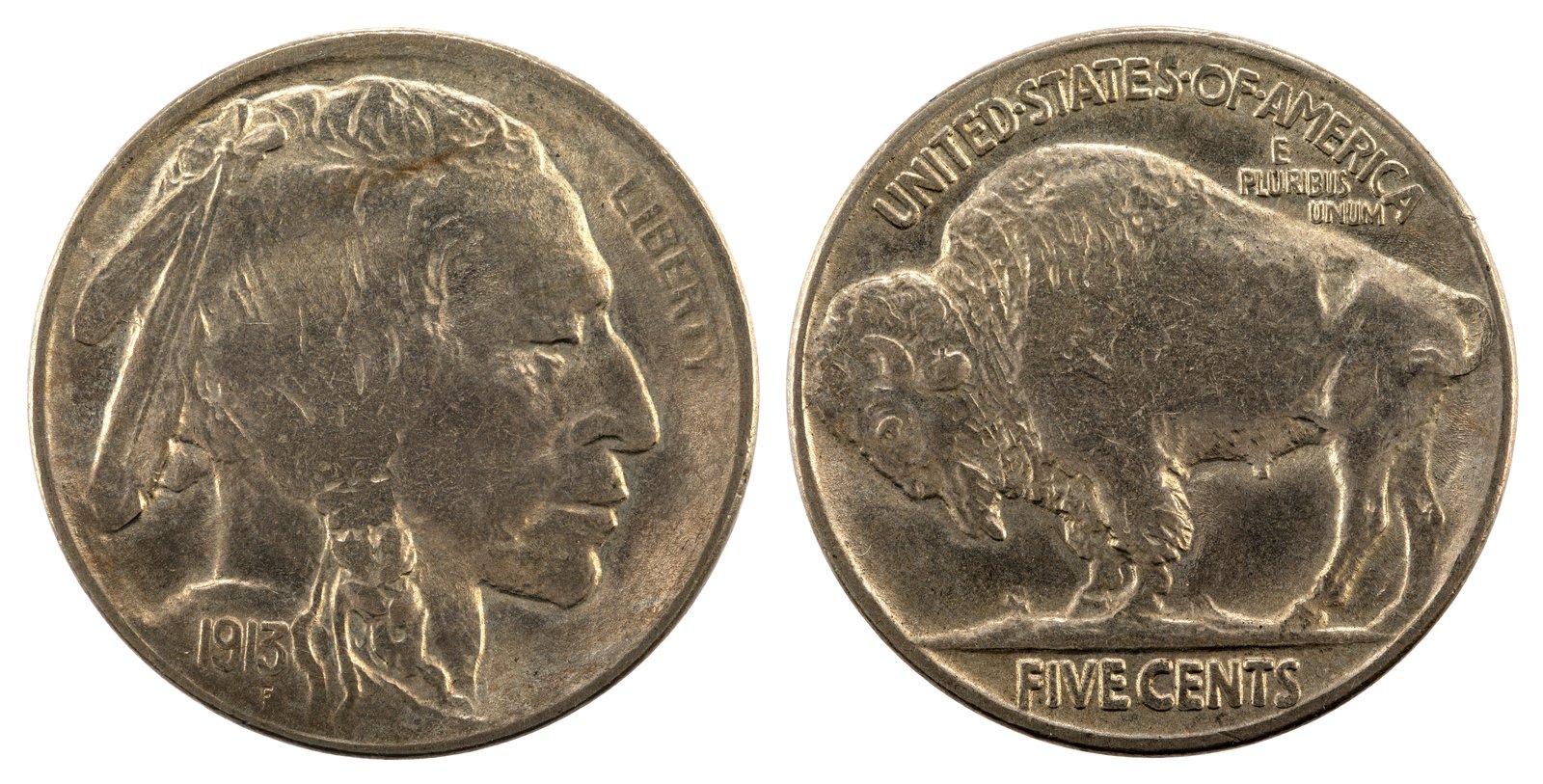 Representative Buffalo nickel obverse and reverse (1913 Type II Smithsonian example, not the 1921-S)