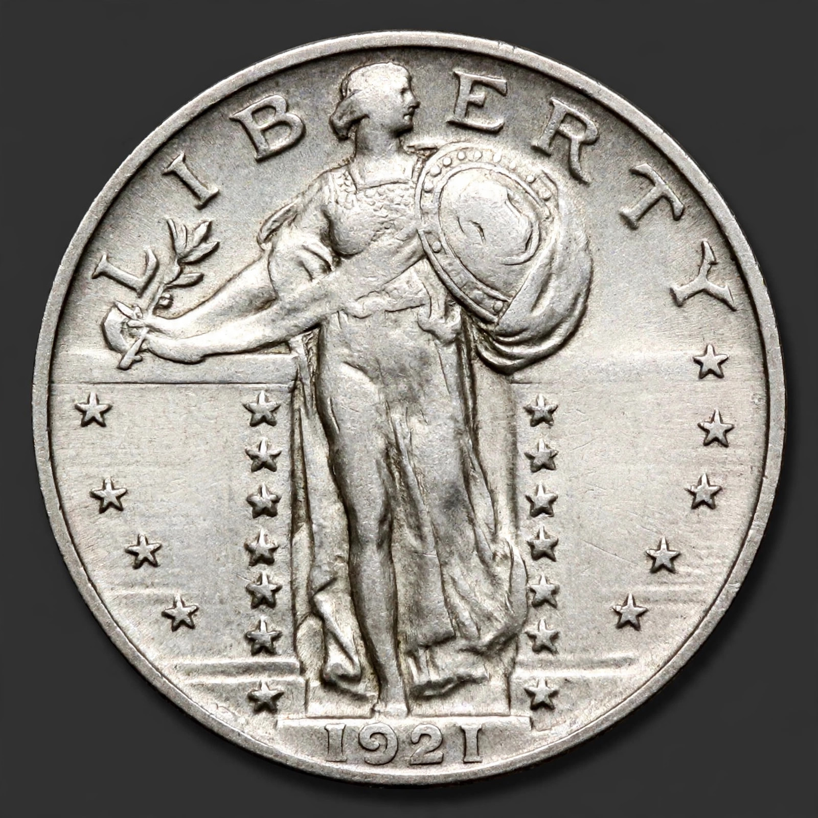 AI-generated illustration of the 1921 Standing Liberty Quarter, obverse and reverse, for identification only