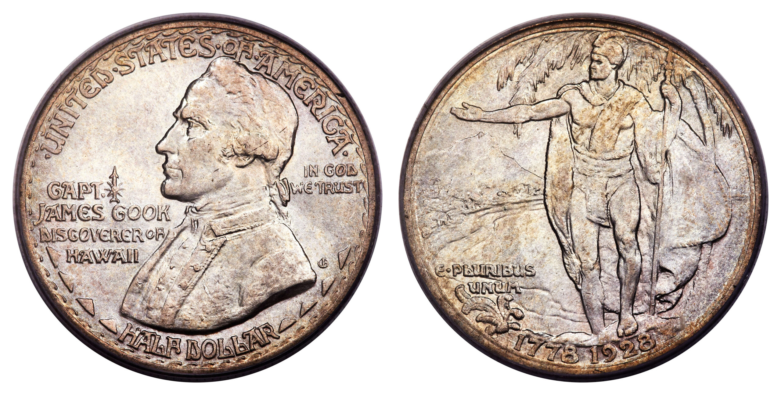 Obverse and reverse of the 1928 Hawaiian Sesquicentennial half dollar: Captain James Cook on the obverse, a Hawaiian chieftain with extended arm on the reverse.