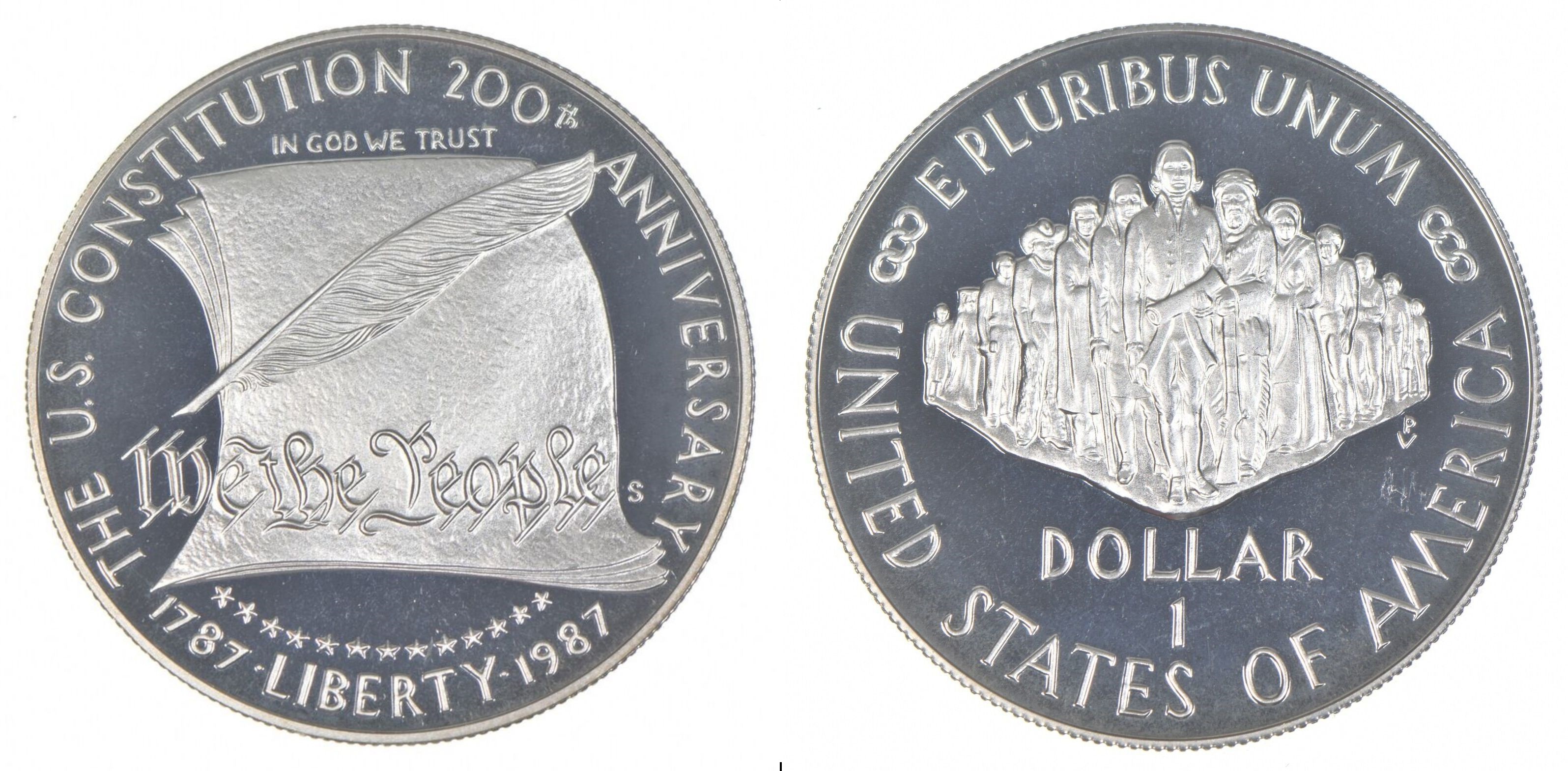 Obverse and reverse of the 1987-S Proof Constitution Bicentennial silver dollar, showing the 'We the People' parchment-and-quill design