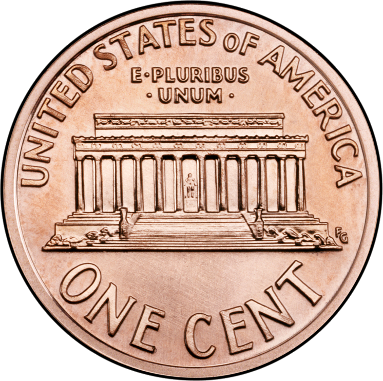 Generic Lincoln Memorial cent reverse (the design used on cents from 1959 to 2008); representative type photo that does not show the doubled-die reverse doubling.
