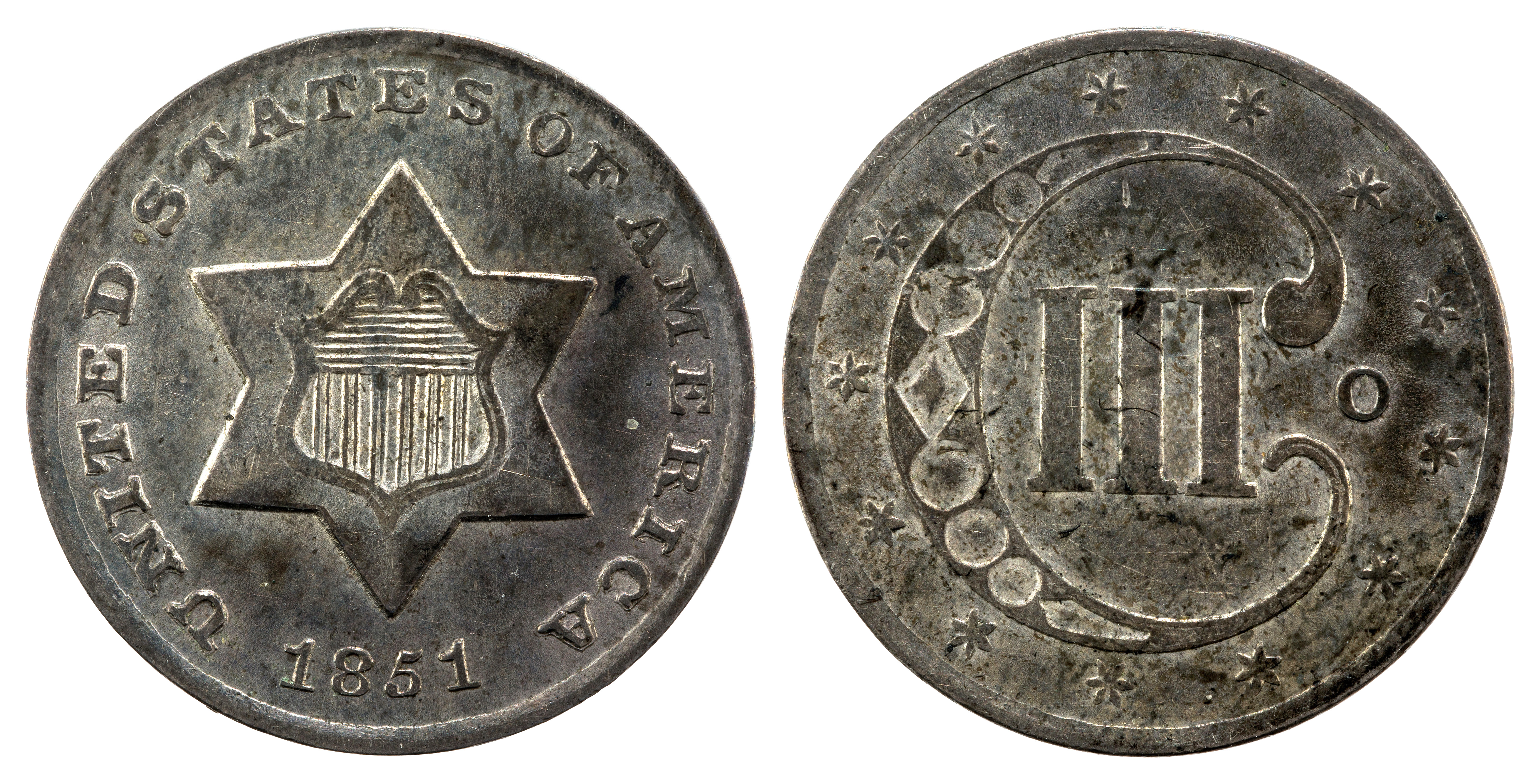 Obverse and reverse of an 1851 three-cent silver trime: a six-pointed star with a Union shield, UNITED STATES OF AMERICA and the 1851 date; the reverse shows the Roman numeral III inside an ornate bejeweled C with 13 stars.