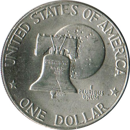 Reverse of a 1776-1976 Bicentennial Eisenhower dollar (Liberty Bell and moon, Type 2 reverse).