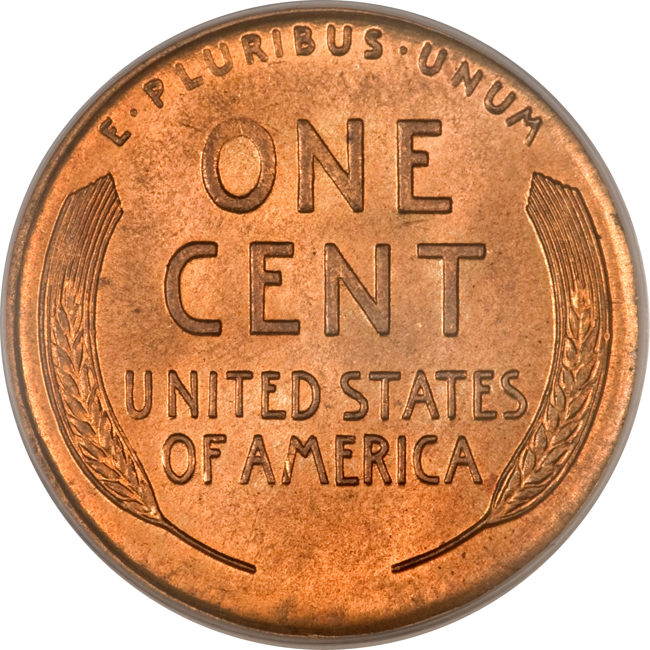 Reverse of a 1935 Lincoln wheat cent showing the wheat-stalks design used from 1909 to 1958; representative type photo.
