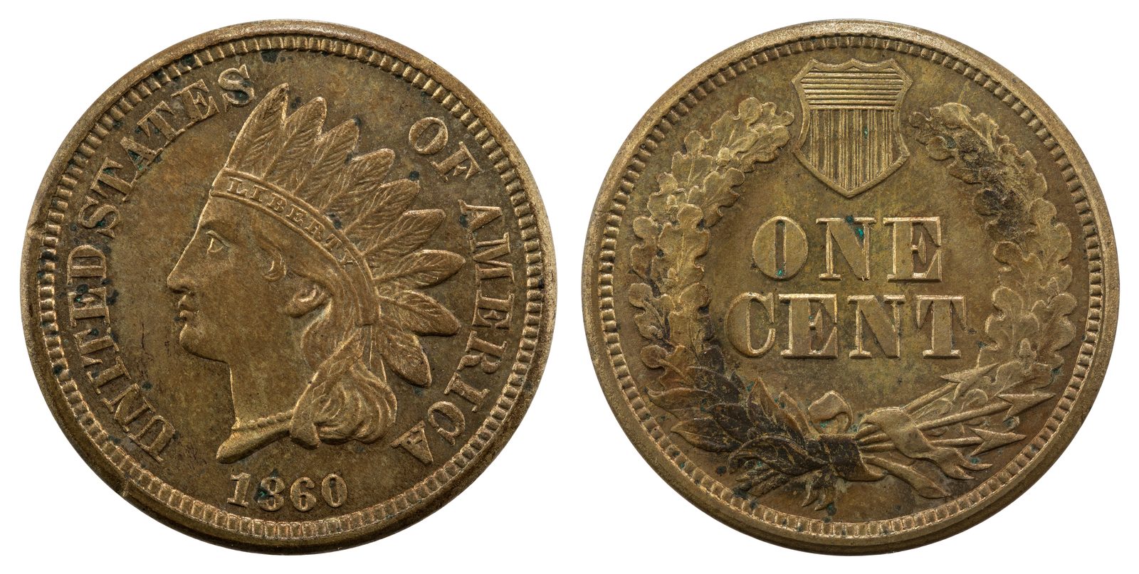 Type photo only: 1860 Indian Head cent obverse and reverse, illustrating the series design — not an 1877